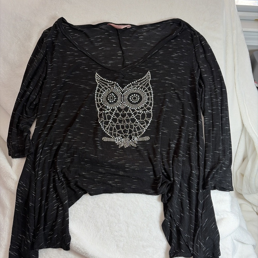 SJS Women's Beaded Owl Embellished Top V Neck 1X 3/4 Sleeve Black White Textured